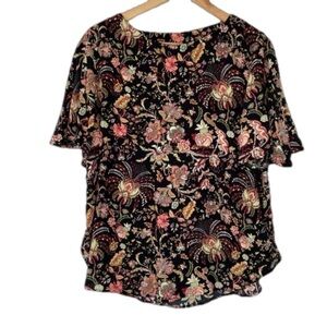 H&M BLACK MULTICOLOUR FLORAL PAISLEY 100% VISCOSE TOP/BLOUSE W/ FLUTTER SLEEVES